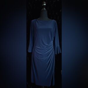 Chaps Navy Blue Ruched Sheath Dress with cuff Bell Sleeves sz L